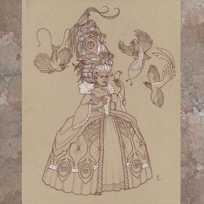 Pencil drawing, on tan textured paper, of a Baroque Aristocrat lady with birdhouses and birdbath in her elaborate hair. Several birds of paradise encircle her. There are highlights of white for her lace details and hair.