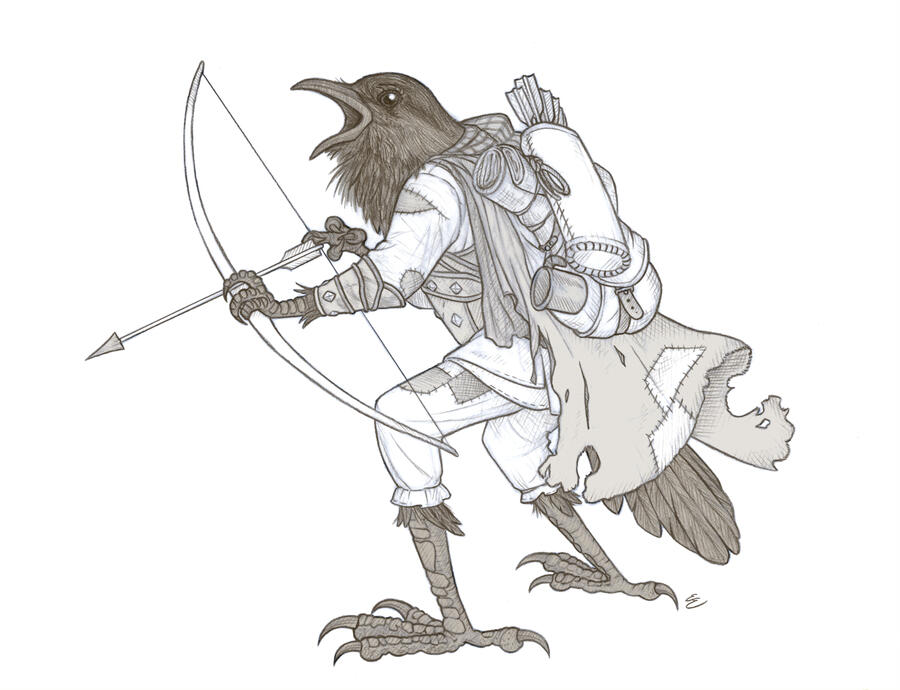 Digitally shaded pencil drawing of a kenku (anthropomorphic crow) character for a Dungeons and Dragons game.