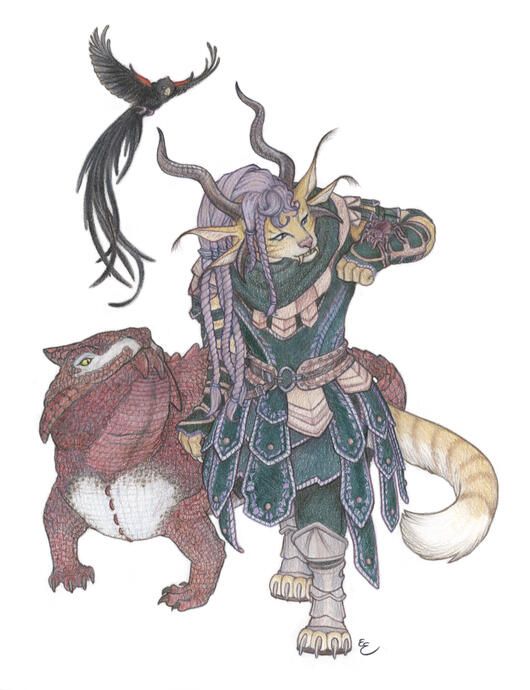 A colored pencil illustration of my current main character, a charr named Phaedra Growlchirp who is walking toward the viewer. Accompanied by a large lizard drake, a flying bird, and a rose tarantula riding on her arm.