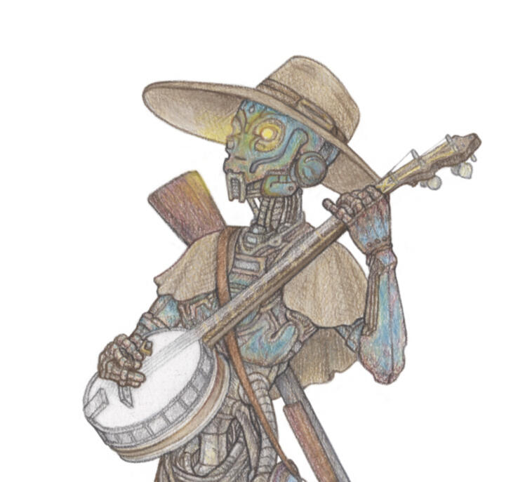 A colored pencil drawing of a western-themed automaton. Glowing yellow eyes and areas covered in casing are a rusted metal, with some blue paint on the portions of his body above the knees.