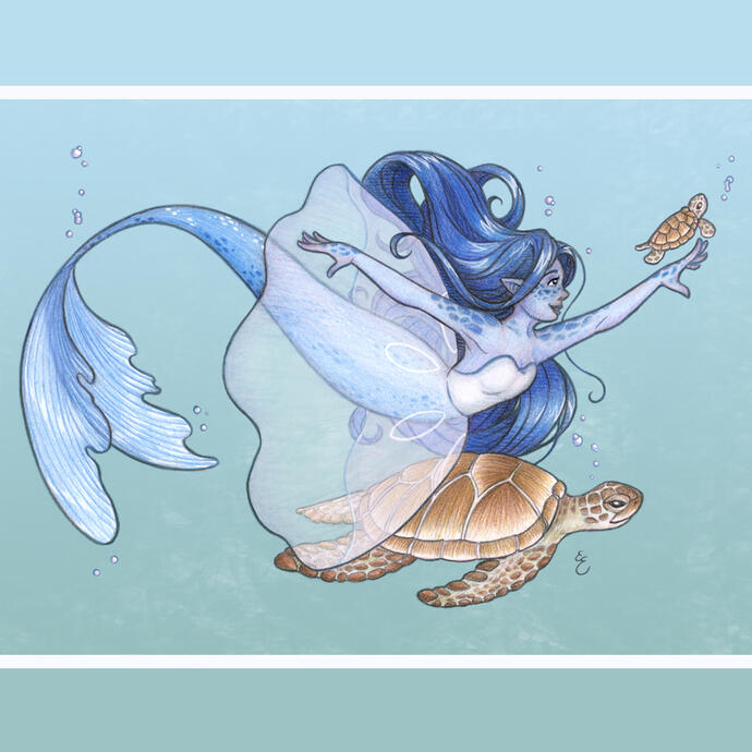 A colored pencil illustration of a mermaid swimming with sea turtles.